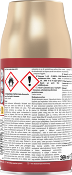 Tył złoto-czerwonego odświeżacza Glade Automatic jabłko cynamon, z etykietą ostrzegawczą i opisem 269ml.