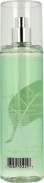 Tył butelki mgiełki do ciała Elizabeth Arden Green Tea. Przezroczysta butelka, zielony płyn, srebrny atomizer, widoczny kod kreskowy.