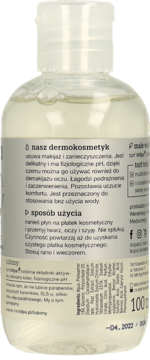 Tołpa Płyn do demakijażu oczyszczający, tył przezroczystej butelki z polskim opisem składu i użycia.