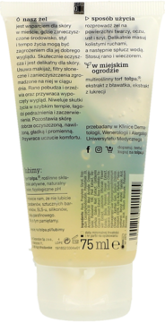 Tył opakowania Tołpa żel do mycia twarzy 75ml. Jasna tubka z torfem, bławatkiem i lukrecją, opis produktu.