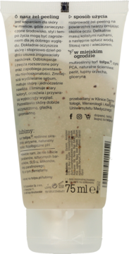 Tył białej tubki żelu-peelingu tołpa 75ml, z polskim opisem, składnikami: torf, perlit, orzech.