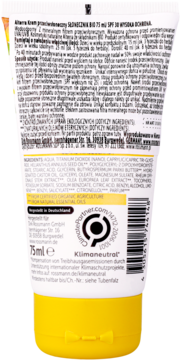 Tył Alterra Krem przeciwsłoneczny SŁONECZNIK BIO SPF 30 75 ml, widoczny skład, info o weganach i Klimaneutral.