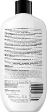 Tył białej butelki balsamu do ciała Eveline z czarną zakrętką, widoczne etykiety z opisem i kodem kreskowym.