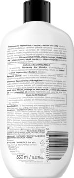 Tył białej butelki Eveline Cosmetics olejkowy balsam do ciała 350 ml z pełnym opisem i kodem kreskowym.