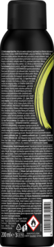 Tył czarnej butelki suchego szamponu Syoss Pure 200ml, z białym tekstem, kodem kreskowym i symbolami.