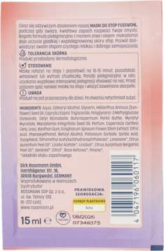 Tył fioletowo-różowej saszetki maski do stóp Fusswohl z masłem shea i olejem makadamia, widoczny tekst, barcode.