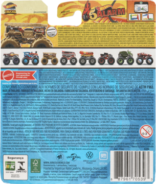 Tył opakowania pojazdu Monster Jam '5 Alarm' z listą modeli, informacjami o produkcie i ostrzeżeniami prawnymi.