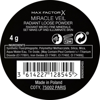 Tył czarnego, okrągłego opakowania pudru Max Factor Miracle Veil Radiant Loose Powder z etykietą składników i kodem EAN.