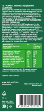 Bob Snail Rollsy jabłko-mięta 30g, zielone opakowanie, widok z tyłu z tabelą wartości odżywczych i kodem kreskowym.