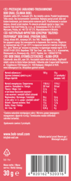Tył czerwonego opakowania Bob Snail Przekąski Jabłkowo-Truskawkowe 30g. Widoczne wartości odżywcze i kod kreskowy.