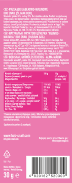Tył różowego opakowania Bob Snail Jabłkowo-Malinowe 30g z etykietami po polsku, ukraińsku i węgiersku oraz kodem.