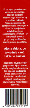 Tył czerwonego opakowania Ajona Stomaticum koncentrat pasty do zębów z białym tekstem po polsku i kodem kreskowym.