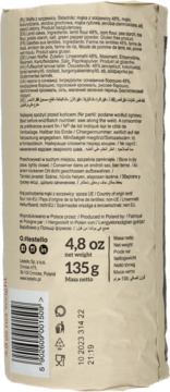 Tył matowego opakowania wafli soczewicowych Q lestello 135g z kodem kreskowym i etykietami w wielu językach.