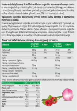 Tył opakowania Zdrowego Lizaka Mniam-Mniam na gardło, z tabelami składników i wartości odżywczych.