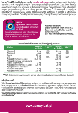 Etykieta Zdrowy Lizak Mniam-Mniam na gardło: skład, tabela wartości, opakowanie i opis działania suplementu.