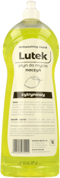Lutek cytrynowy płyn do naczyń, żółty, 1L butelka z białym korkiem, ujęcie frontalne.
