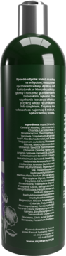 Mysterium Maska wzmacniająca z biotyną. Tył ciemnozielonej butelki z srebrną nakrętką i etykietą ze składem i użyciem.