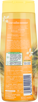 Tył pomarańczowo-żółtego żelu pod prysznic, z tekstem 'Your endless summer', kodem kreskowym i napisem 300 ml.