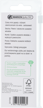 Tył białego opakowania zestawu 4 mini pęsetek, z zielonymi informacjami o recyklingu i kodem kreskowym.