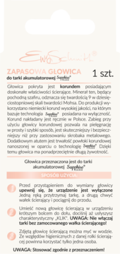 Jasnoróżowa etykieta: zapasowa głowica Sapphire do tarki akumulatorowej, 1 szt. z opisem technologii korundowej.