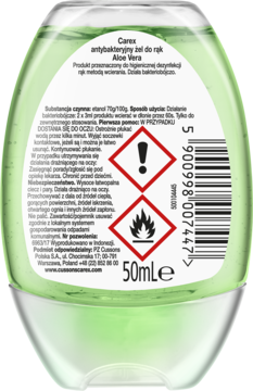 Zielony Carex żel antybakteryjny do rąk Aloe Vera, tył butelki z polską etykietą i ostrzeżeniami.