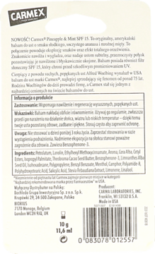 Opakowanie balsamu Carmex Pineapple & Mint SPF 15 od tyłu, widoczny skład, dane producenta i kod EAN.