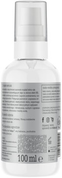 Tył białej butelki serum do rąk z pompką, etykieta z polskim opisem nawilżającego działania i składem, 100 ml.