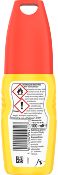 Tył żółtej butelki sprayu OFF! Sport 100ml z czerwoną nakrętką, z etykietą, kodem i symbolami zagrożeń.