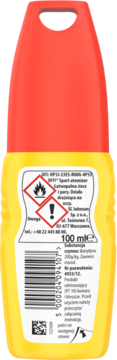 Tył żółtego sprayu OFF! Sport na komary i kleszcze, z czerwoną nakładką, ostrzeżeniami i kodem kreskowym.