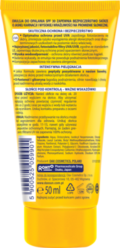 Tył żółtej tubki emulsji do opalania SPF 30 50ml, etykieta z opisem, składem i kodem kreskowym.