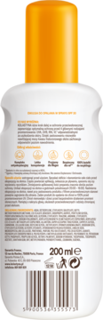 Tył białej butelki emulsji do opalania Kolastyna SPF 30, z widoczną listą składników, instrukcjami i pojemnością 200 ml.