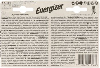 Tył kartonowego opakowania baterii Energizer Alkaline Power E91 AA z kodem kreskowym i tekstem ostrzegawczym.