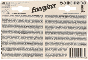 Tył opakowania baterii alkalicznych Energizer Alkaline Power AAA (8 szt.) z tekstem, ostrzeżeniami i kodem kreskowym.