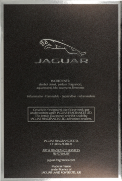 Tylna strona czarnego opakowania perfum Jaguar, z srebrnym logo geparda i tekstem o składnikach.