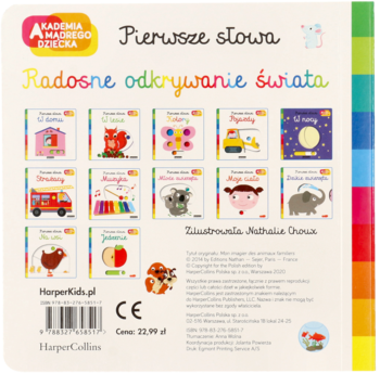 Tył dziecięcej książki "Pierwsze słowa", HarperCollins. Biała okładka z miniaturami innych książek i tęczowym grzbietem.