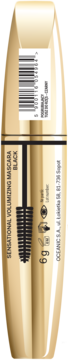 Złota maskara Sensational Volumizing Black, tył opakowania z widocznym kodem kreskowym i gramaturą 6g.