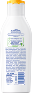 Tył białego balsamu Nivea Sun Kids Sensitive SPF50+ z polskim tekstem, składem i symbolem recyklingu.