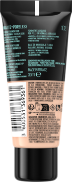 Tył tubki podkładu Maybelline Fit Me Matte+Poreless 102 (30ml) do cery tłustej, beżowa tubka z czarnym zamknięciem.