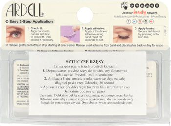 Ardell sztuczne rzęsy z klejem w przezroczystym opakowaniu, biała karta z instrukcją krok po kroku.