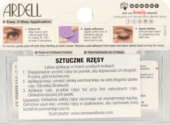 Ardell sztuczne rzęsy w przezroczystym blistrze z angielską i polską instrukcją aplikacji, widok z przodu.