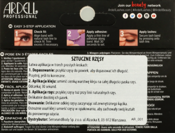 Ardell Professional sztuczne rzęsy, tył czarnego opakowania z rysunkową instrukcją łatwej aplikacji.