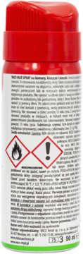 Tył sprayu VACO MAX 50ml na komary w czerwono-białym opakowaniu, z ostrzeżeniami i opisem PL.