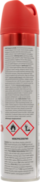 Tył czerwono-białego aerozolu owadobójczego z polskim tekstem ostrzegawczym i symbolami zagrożeń.