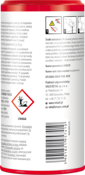 Tył opakowania czerwono-białego proszku na mrówki z polskimi instrukcjami, symbolami ostrzegawczymi i kodem kreskowym.