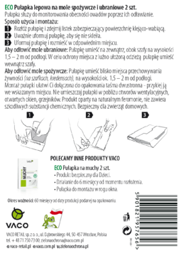 ECO pułapka na mole, tył opakowania z instrukcją montażu. Białe tło, czarny tekst, schematy użytkowania produktu.