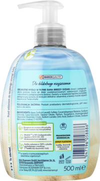 Tył opakowania mydła do rąk w płynie Isana Breezy Ocean 500 ml. Widoczna niebieska etykieta ze składem.