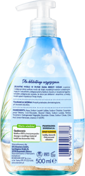 Tył butelki płynnego mydła do rąk Bana Breezy Ocean 500 ml z pompką, widoczne składniki i nadmorski motyw.