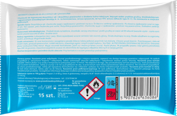 Tył opakowania Medisept chusteczek do dezynfekcji rąk i powierzchni, z kodem kreskowym i symbolami ostrzegawczymi.
