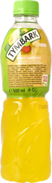 Żółty napój Tymbark mango-mięta 500ml w butelce, widok z tyłu z czytelną etykietą i zieloną zakrętką.