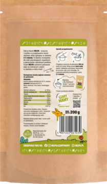 Tył brązowego opakowania kaszki HELPA Czary Mamy, naturalne polskie zboża, widoczne instrukcje i waga 200g.